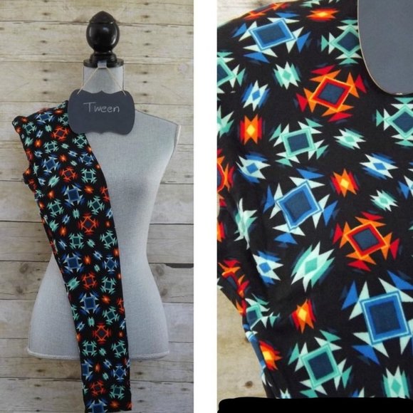 LuLaRoe Tween Leggings - Red, Green, Blue, Orange Print on Black - Picture 1 of 1